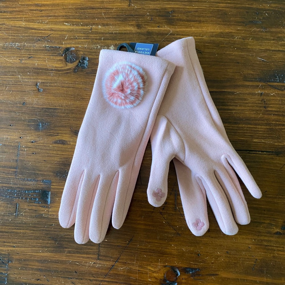 NWT Victoria Leland Pink Tech Gloves with Faux Fur Pom Pom